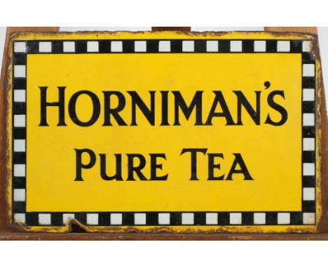 A vintage 'Horniman's Pure Tea' enamel sign, black text on yellow ground with black and white chequered border, 42 cm wide x 