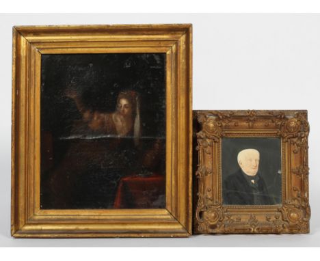 19th century school, Lady drinking wine, oil on canvas, framed; and a portrait of a gentleman in body colour, signed Dinkel F