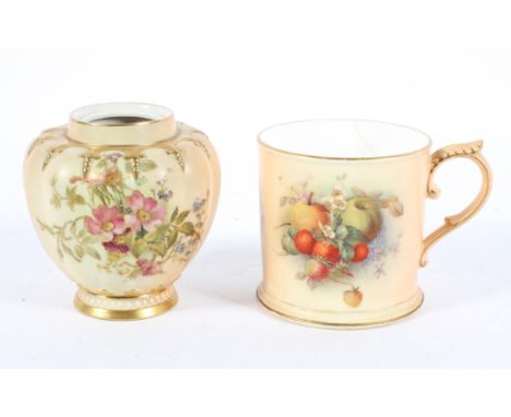 Two items of Royal Worcester blush-ivory ground porcelain, circa 1915, printed pink and puce marks, comprising: a mug painted