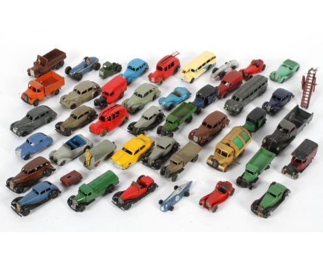 A collection of die cast vehicles, mainly Dinky including sports cars, coach, fire engine, Royal Mail van and others