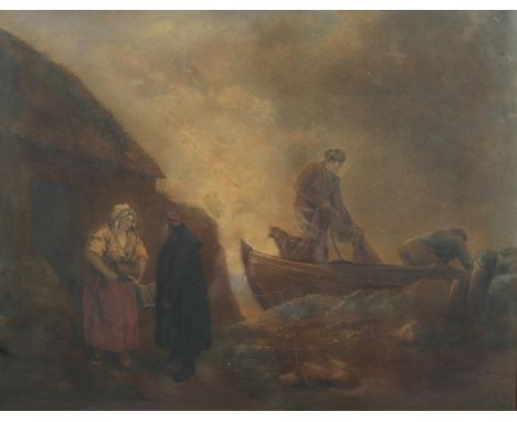 After George Morland, The Fishermen, a 19th century mezzotint, 43cm x 56cm, in a verre eglomise frame