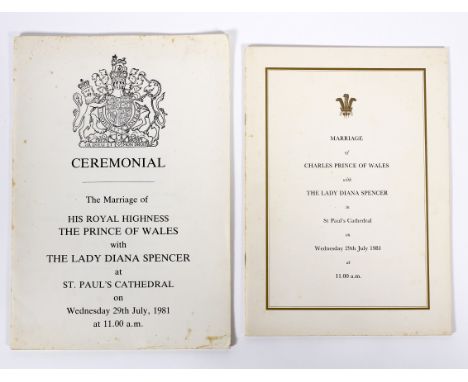 A copy of the solemnization of the matrimony of the Prince of Wales and Lady Diana Spencer and the programme for the day, and