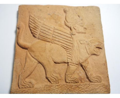A ceramic tile depicting a mythical winged creature (possibly Lamassu) 10 cm x 10 cm