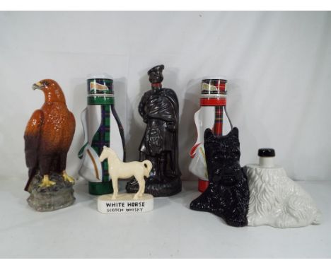 Breweriana - five ceramic whisky decanters (empty) to include Beswick Golden Eagle, two McGibbons decanters in the form of go