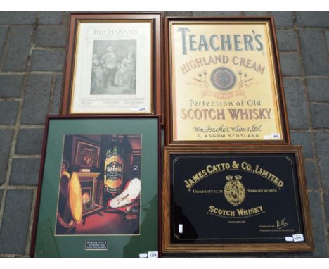Breweriana - four framed Scotch Whisky advertising posters and signs to include Teachers, Glenfiddich, James Catto and Buchan