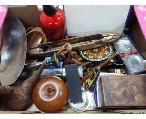 A good mixed lot to include a quantity of wooden boxes and treen, vintage kitchen items, plated ware, harmonica, lace bobbins