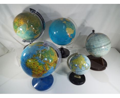 Six plastic and metal World Desk Globes to include Chad Valley and similar