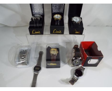Eight gentleman's wristwatches to include four Limit, one brushed steel marked to the face Park Lane, Timex, Beta and a vinta