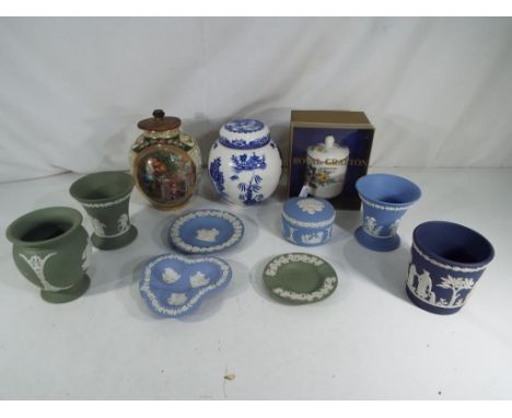 Eight pieces of Wedgwood Jasperware, a blue and white ginger jar, a Royal Vienna style vase with shield / beehive mark to the