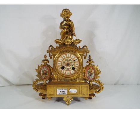 A PH Mourey Louis XVI antique French gilded metal mantel clock, hour and half past bell striking movement stamped 6487, the c