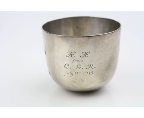 Silver tea bowl, plain polished body with presentation inscription, makers Hawksworth, Eyre &amp; Co Ltd, London 1912, height