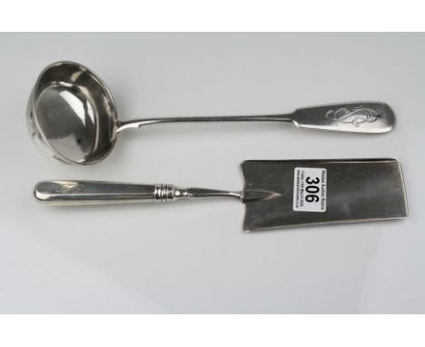 Russian silver fiddle pattern ladle, monogrammed terminal, kokoshnik marks, length approximately 29cm together with a Russian