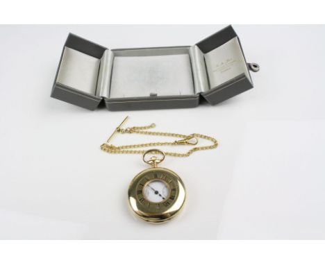 Rotary 9ct yellow gold half hunter top wind pocket watch, white enamel dial and subsidiary dial, black Roman numerals and pok