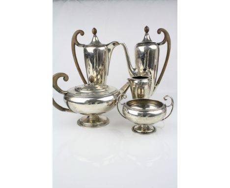 Five piece silver tea and coffee set comprising teapot, coffee pot, hot water pot, milk jug and sugar bowl, plain polished bo