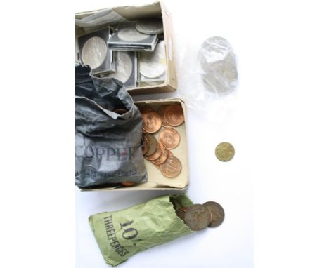 A small quantity of vintage coins, mainly British pre decimal to include silver example and a victorian to Hanover token.