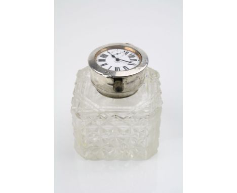 Edwardian silver topped cut glass inkwell with double faced top wind pocket watch set to lid, makers John Grinsell &amp; Sons