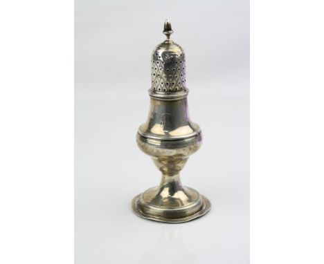 Silver pepperette, baluster form raised on moulded circular foot, banding to neck, waist and foot, acorn finial, engraved ini