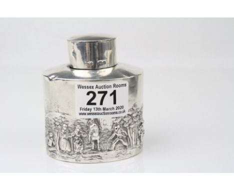 Edwardian silver tea caddy, repoussé country scene with figures and town to the background, makers Charles Horner, Birmingham