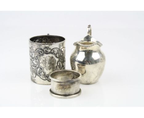 Victorian small silver mug, repoussé floral and scroll decoration, monogrammed cartouche, makers W Wilkinson Ltd, Birmingham 