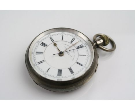 Edwardian silver open face centre second chronograph top wind pocket watch, Thomas Russell &amp; Son, white enamel dial, blac