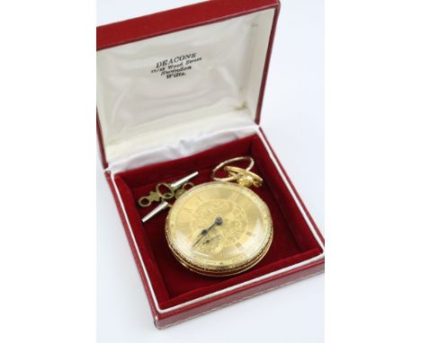 Victorian 18ct yellow gold open face key wind fusee pocket watch, engraved exotic bird, fruit and floral image to centre of d