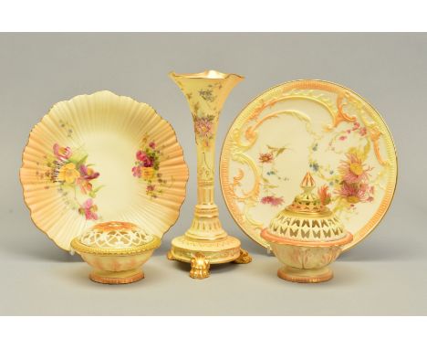 FIVE PIECES OF ROYAL WORCESTER BLUSH IVORY, comprising a trumpet shaped posy vase on a circular base with three paw feet, sha