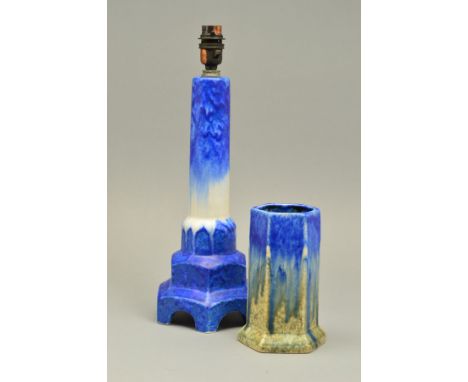 A RUSKIN POTTERY TABLE LAMP, the stepped hexagonal base rising to a tapered cylindrical stem, blue and white matt glaze, impr