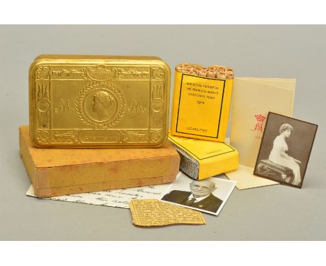 A VERY FINE EXAMPLE OF A WWI PRINCESS MARY CHRISTMAS 1914 TIN, almost complete with all contents, to include pack of tobacco,