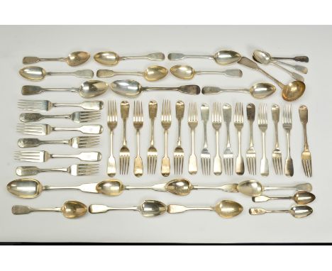 A PARCEL OF MATCHED WILLIAM IV AND VICTORIAN SILVER FIDDLE PATTERN FLATWARE, various makers and dates comprising a set of six