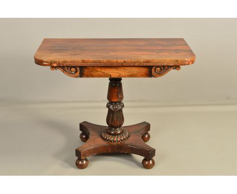 A WILLIAM IV ROSEWOOD FOLDOVER CARD TABLE, the rectangular top with rounded corners opening to reveal a green baize lined int