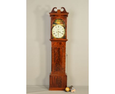 AN EARLY 19TH CENTURY MAHOGANY AND SATINWOOD INLAID AND BANDED EIGHT DAY LONGCASE CLOCK, the arched hood with pierced oval de