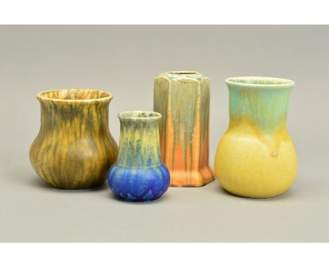 FOUR RUSKIN POTTERY VASES, comprising a yellow and green example, impressed marks to base, height approximately 16cm, a strea