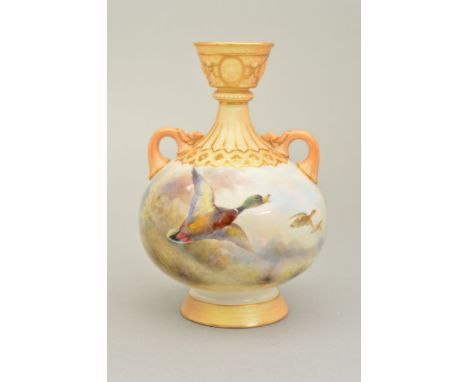 A ROYAL WORCESTER TWIN HANDLED VASE PAINTED WITH MALLARD DUCKS IN FLIGHT BY JAMES STINTON, blush ivory relief moulded rim, ne