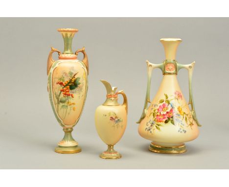 A ROYAL WORCESTER BLUSH IVORY TWIN HANDLED VASE, painted with sprays of wild and hedgerow flowers, shape No.1021, date cypher