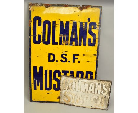 A COLMANS D.S.F. MUSTARD ENAMEL ADVERTISING SIGN, dark blue letters and border on yellow ground, bottom edge marked Owners Co