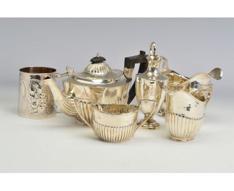 A LATE VICTORIAN SILVER MATCHED BACHELOR'S TEASET, of part reeded oval form, teapot with ebonised fitments, maker Charles Stu