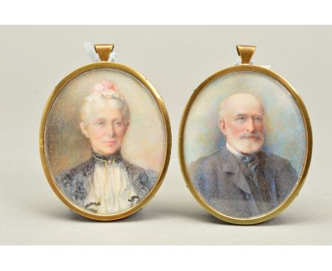 LATE 19TH / EARLY 20TH CENTURY ENGLISH SCHOOL, A PAIR OF PORTRAIT MINIATURES OF A LADY AND GENTLEMAN, on ivory, oval, unsigne