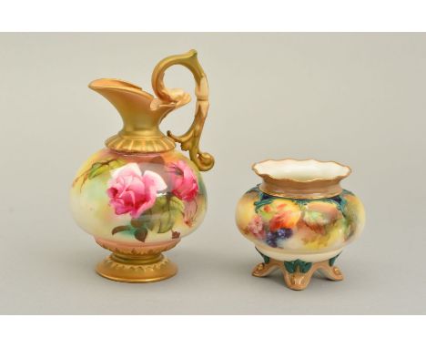 A ROYAL WORCESTER EWER PAINTED WITH ROSES, signed by Reginald Austin, burnished green gilt and blush ivory rims, shape No.H20