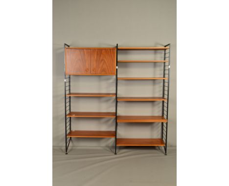 A LADDERAX TEAK MODULAR TWO SECTION WALL SHELVING SYSTEM, comprising of three metal laddered uprights, one double cupboard do