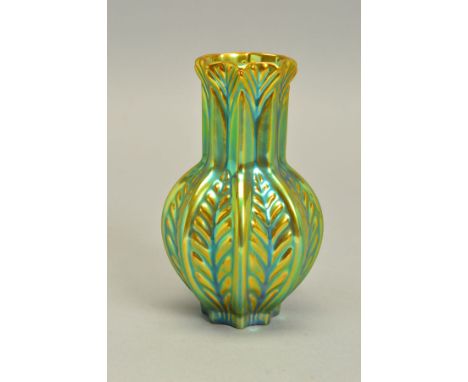 ZSOLNAY PECS, a globular lobed vase with cylindrical neck, iridescent green and gold glaze, printed backstamp, height approxi