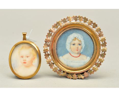 19TH CENTURY ENGLISH SCHOOL, PORTRAIT MINIATURE OF A YOUNG CHILD, wearing white cloth cap and dress and a coral bead necklace