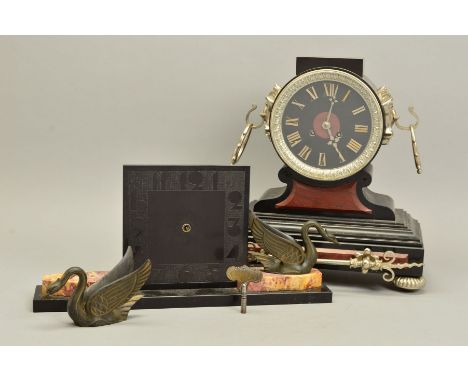 A LATE VICTORIAN BLACK SLATE AND MARBLE MANTEL CLOCK, the square top lacking surmount, circular dial with ornately cast side 