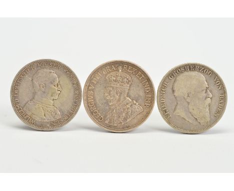 THREE CROWN SIZE SILVER COINS, to include a Cyprus 1928 45 piastres coin in E.F condition, two Germany five mark coins, 1903 