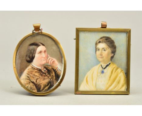 VICTORIAN SCHOOL, PORTRAIT MINIATURE OF A LADY, oval, on ivory, 7cm x 5.7cm, in an oval brass frame, together with an Edwardi