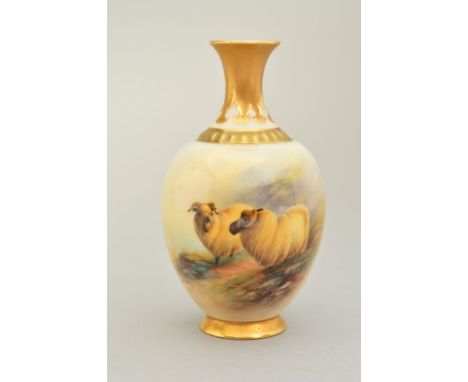 A ROYAL WORCESTER BUD VASE OF BALUSTER FORM PAINTED WITH TWO HIGHLAND SHEEP BY ERNEST BARKER, gilt rims, burnished green gilt