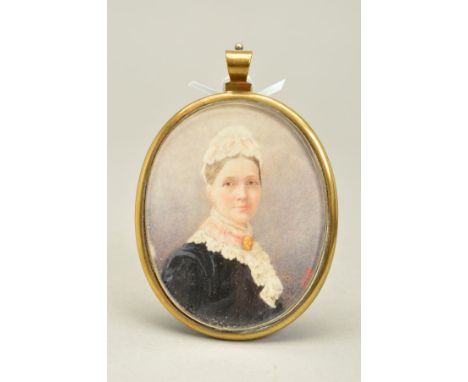 LATE 19TH / EARLY 20TH CENTURY BRITISH SCHOOL, PORTRAIT MINIATURE OF A LADY WEARING LACE CAP, initialled A.G.W., oval, on ivo