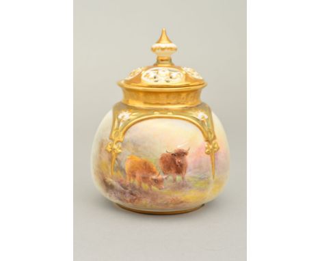 A ROYAL WORCESTER POT POURRI AND COVER DECORATED WITH HIGHLAND CATTLE BY HARRY STINTON, the cover with knopped finial above f