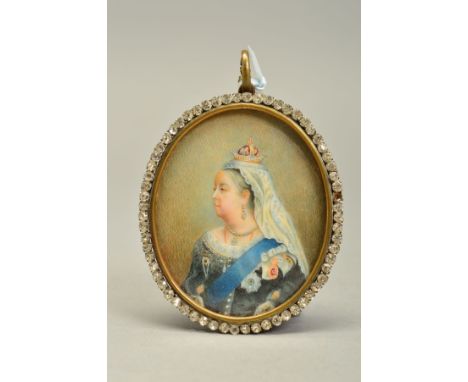 A LATE 19TH CENTURY ENGLISH SCHOOL PORTRAIT MINIATURE OF QUEEN VICTORIA, on ivory, oval, in a gilt metal oval frame set with 