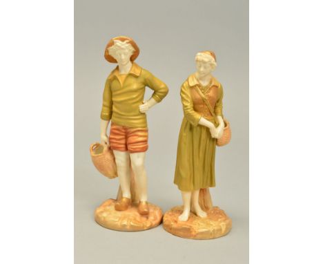 A PAIR OF ROYAL WORCESTER FIGURES OF FRENCH FISHERMAN AND WOMAN, model No.1202 to both, ivory skin tones with burnished gildi