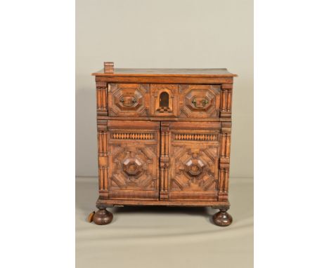 A 17TH CENTURY STYLE CONTINENTAL OAK AND INLAID CHEST, incorporating older timbers, rectangular top above a single deep drawe